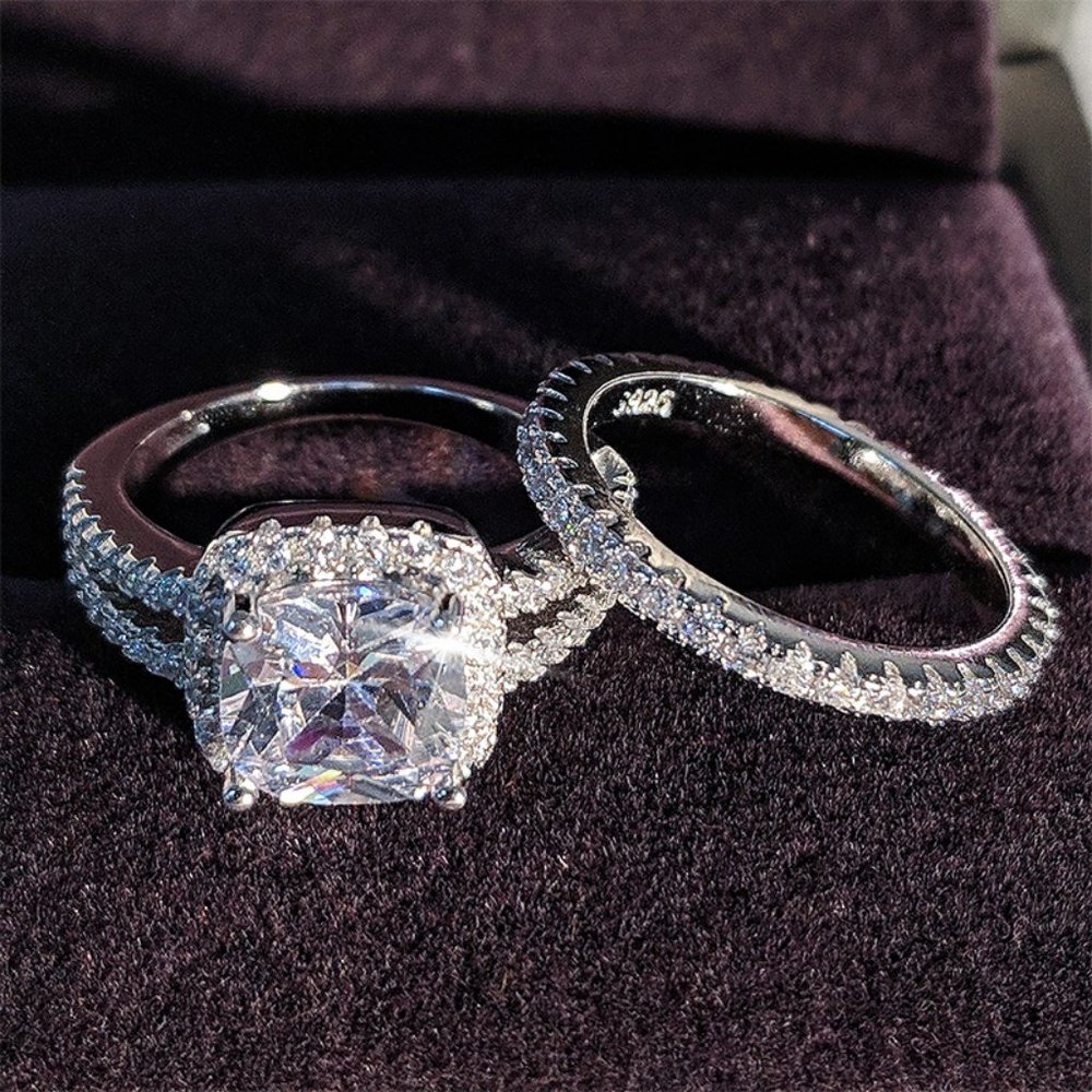 NEW 2pc/set 925 Silver Cushion Diamond Halo Ring - Picture 5 of 5